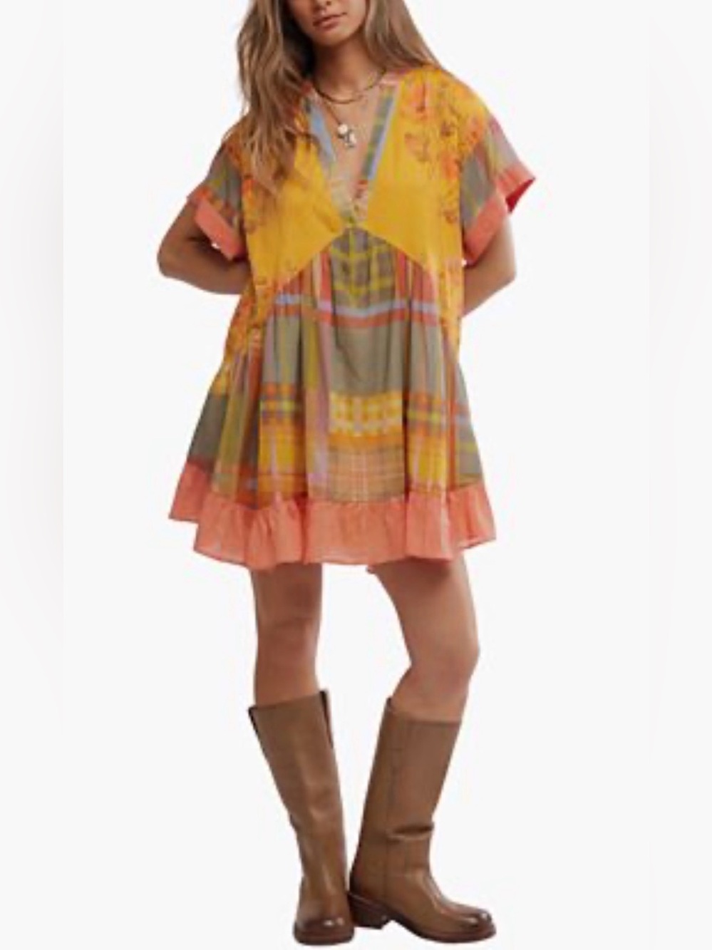 Free People Yellow & Coral Plaid Tiered Flutter Dress